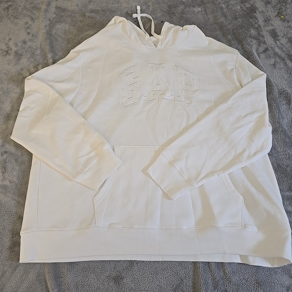 Gap Sweatshirt Womens XXL White Hooded Fleece Pullover Floral Gap Logo Gymwear